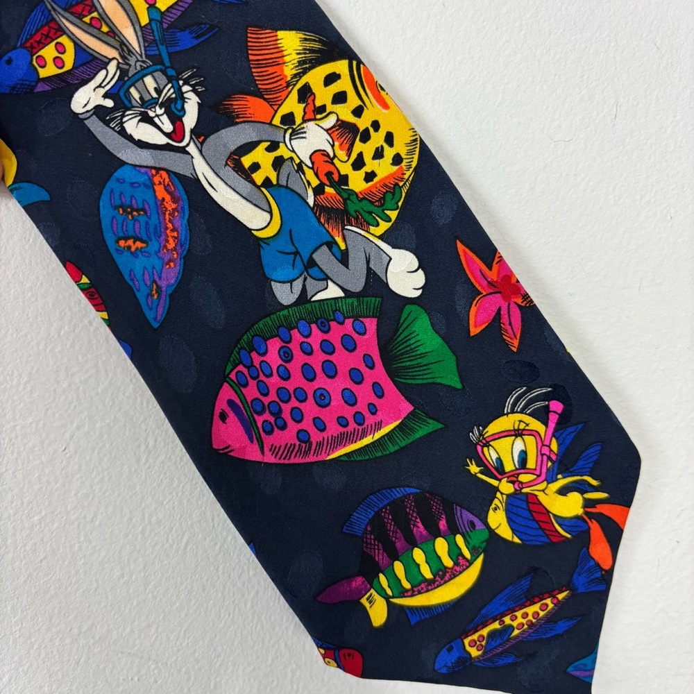 Vintage Warner Bros Looney Tunes Tropical Subba Print Silk Necktie 90s Looney